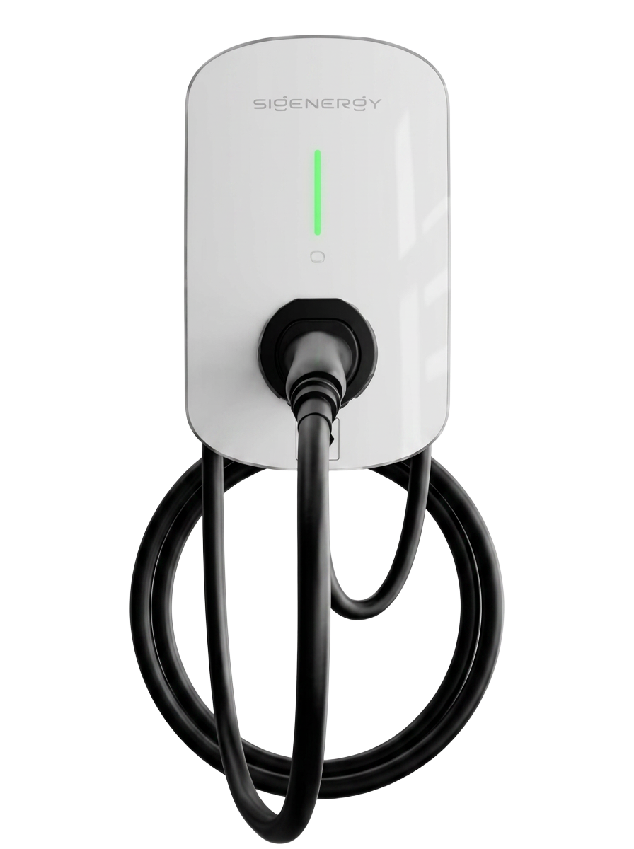 Complete front-facing Sigenergy EV charger with rounded lower edge and cable