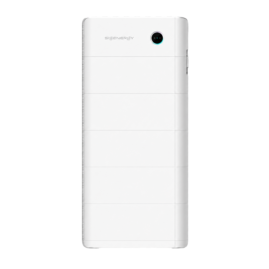 Front-facing white modular home battery tower